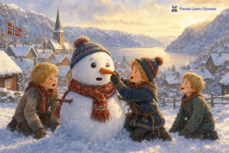 在挪威的一个小村庄里，有一个冬天的早晨，孩子们在雪地里堆起了一个雪人。这个雪人可不一样，当孩子们给它安上胡萝卜鼻子的时候，它突然眨了眨用煤球做的眼睛，开口说话了。