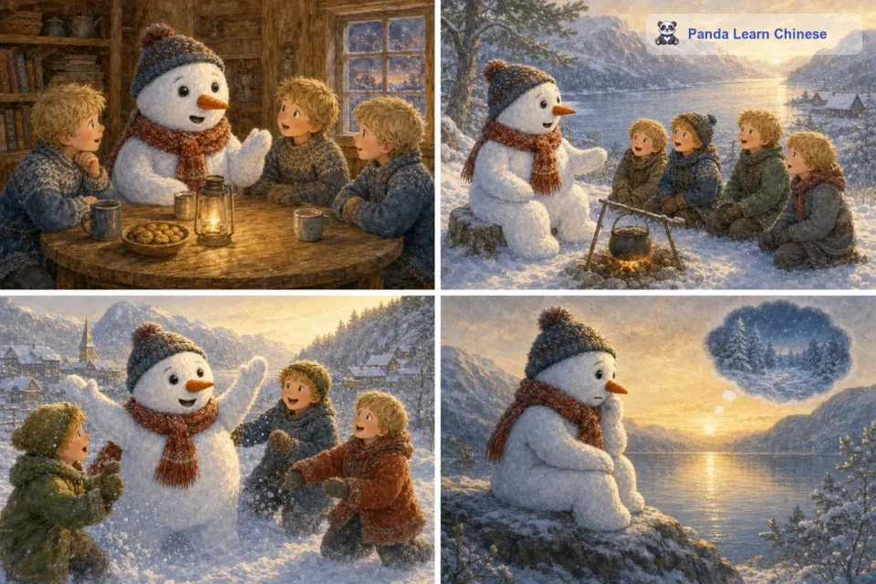 雪人和孩子们度过了非常快乐的时光，它听孩子们讲村庄里的故事，给孩子们讲它从雪中来的感觉。可是，随着日子一天天过去，雪人的心中有了一个心愿。