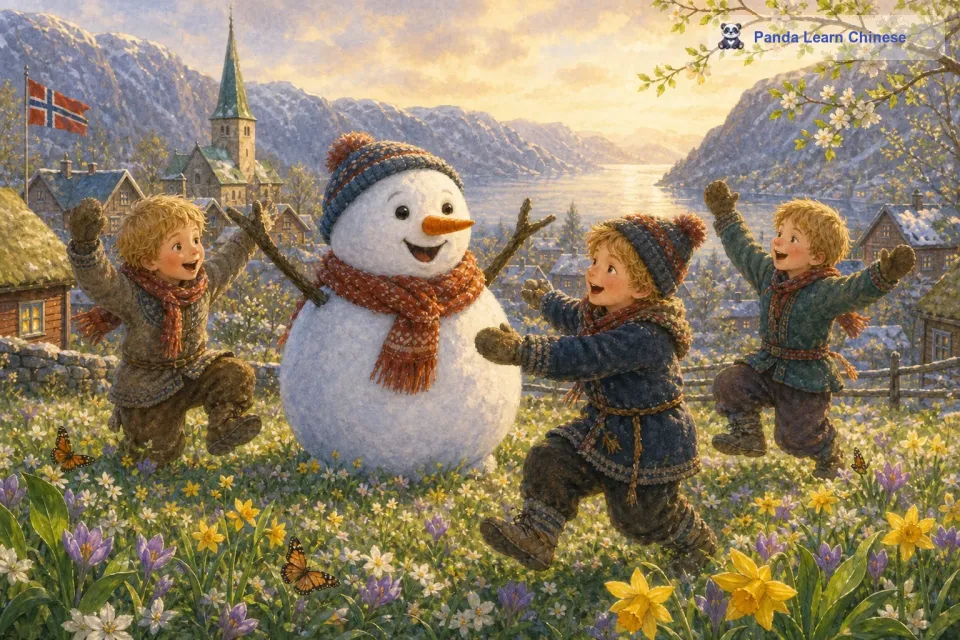 雪人高兴极了，它终于看到了春天的元素——花朵和绿叶。它激动地对孩子们说：“看，这就是春天的样子，真美啊！孩子们也欢呼起来，他们围绕着雪人又唱又跳。