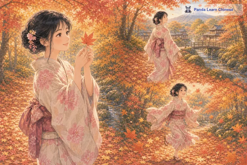 一个小女孩走进这片枫叶林，她的眼睛里满是好奇和惊叹。她轻轻地捡起一片枫叶，仔细地看着枫叶上的脉络，仿佛在阅读秋天写给大地的信。她在落叶中欢快地奔跑着，落叶在她的脚下发出清脆的声响。