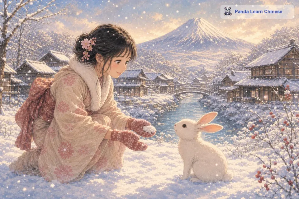 孩子小心翼翼地靠近雪兔，眼睛里充满了友善。雪兔也不害怕，就静静地看着孩子。雪花一片片地飘落，像是在为这一幕增添温馨的氛围。