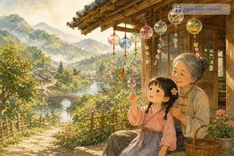 在一个宁静的小山村，住着一个名叫小花的小女孩。小花的家是一座可爱的小木屋，木屋的屋檐下挂着一串漂亮的风铃。这串风铃是小花的奶奶送给她的，风铃是用彩色的玻璃和细细的红线做成的，每当微风吹过，风铃就会发出清脆悦耳的声音。