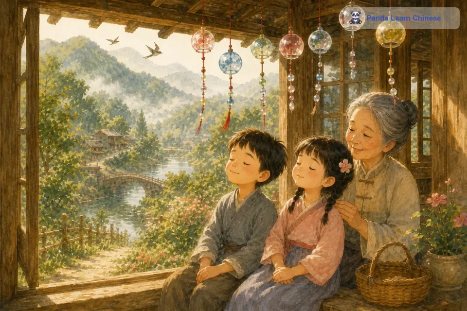 小花自豪地说：“这是我奶奶给我的，它的声音就像魔法一样，能让人变得很快乐呢。然后，小花和小明坐在窗前，一起静静地听着风铃的声音。他们闭上眼睛，仿佛听到了风在诉说着远方的故事，鸟儿在枝头欢快地歌唱，小溪在山间潺潺流淌。