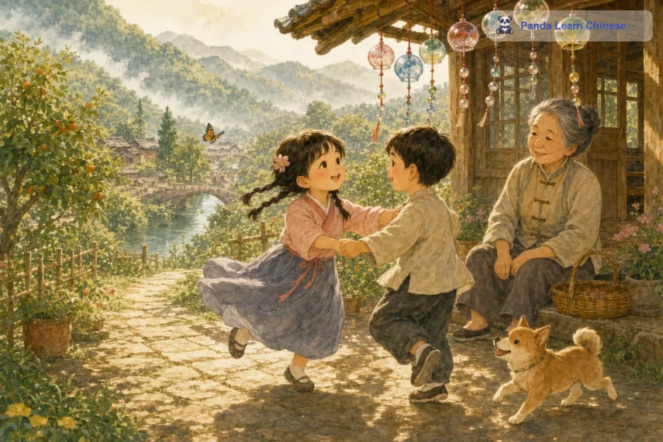 过了一会儿，小花和小明被风铃的声音感染得充满了活力。他们站起来，开始在风铃下跳舞。他们手拉手，转着圈，欢快的笑声和着风铃的声音在院子里回荡。