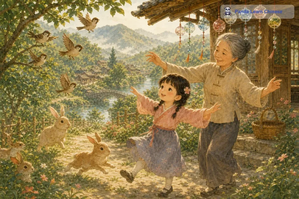 他们的舞步虽然有些稚嫩，但每一个动作都充满了快乐。周围的小动物们似乎也被这欢乐的气氛吸引了，小麻雀在枝头叽叽喳喳地叫着，好像在为他们鼓掌；小兔子在草丛里蹦蹦跳跳，像是在跟着他们一起跳舞。