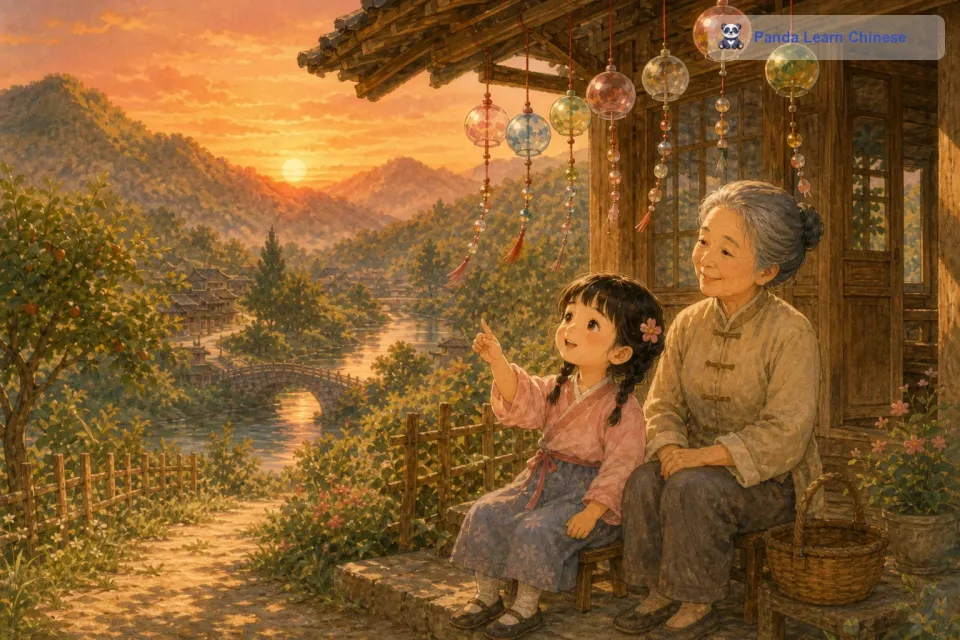 天色渐渐暗了下来，太阳慢慢地西沉。小花和小明玩累了，他们坐在院子里的小板凳上，看着被夕阳染成橙红色的天空，风铃在微风中轻轻晃动，发出柔和的声音。小花说：“今天真的很开心，风铃的声音让我们度过了这么美好的一天。小明点了点头说：“是呀，这风铃的声音就像我们的好朋友一样。