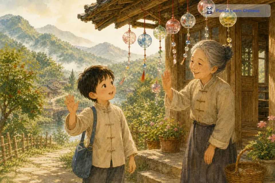 最后，小明要回家了。小花送他到门口，风铃在风中发出清脆的声音，仿佛在和小明道别。小明对小花说：“明天我们还来听风铃的声音吧。