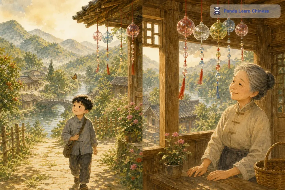 小花笑着答应了。小明走在回家的路上，还能听到那逐渐远去的风铃的声音，那声音一直伴随着他，让他的心里充满了温暖和快乐。小花回到屋里，看着风铃，她知道，这风铃的声音会一直给她和身边的人带来快乐。