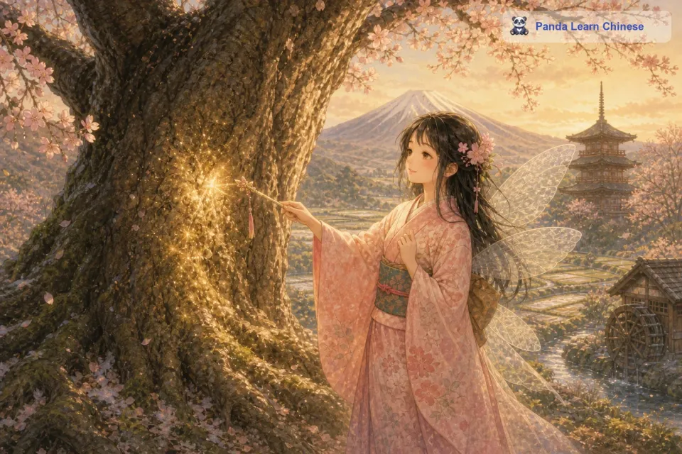 小樱对着樱花树轻声说：“大树啊大树，春天就要来了，你要振作起来哦。说完，小樱挥动她的小魔杖，一点点微弱的光芒从魔杖尖端散发出来，融入到树干之中。