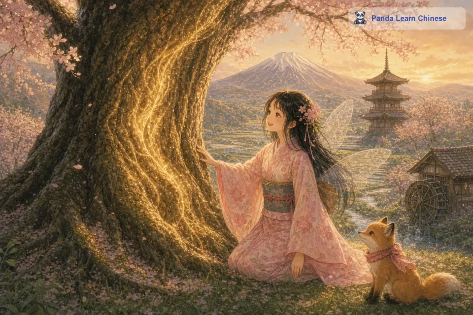 过了一会儿，树干似乎有了一些变化，仿佛有一股力量在树干里缓缓流动。小樱开心地笑了，她知道这是大树在慢慢苏醒的迹象。