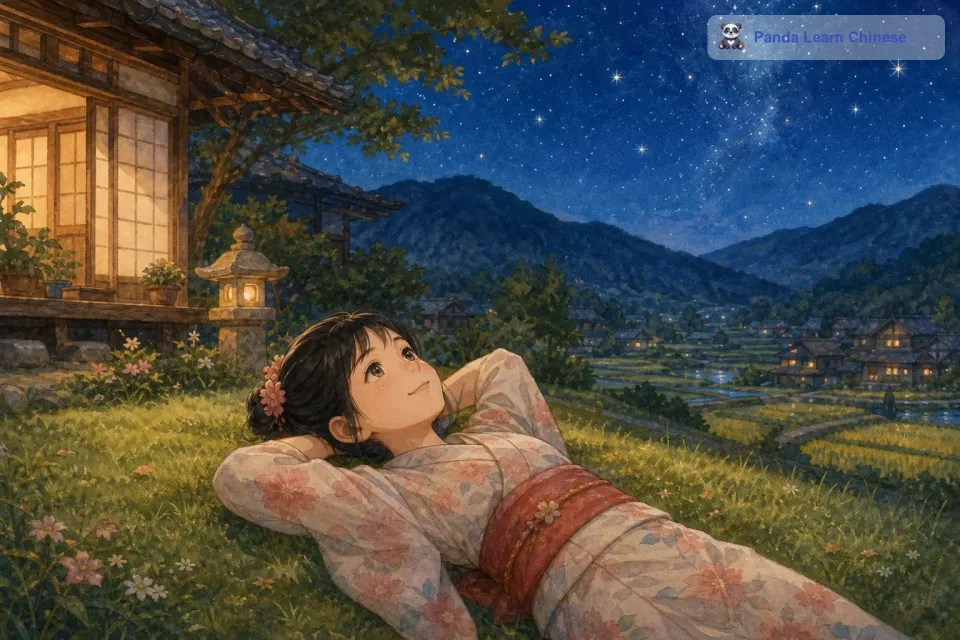 在一个宁静的日本小乡村里，住着一个可爱的小女孩，她叫美穗。美穗特别喜欢星星，每到夜晚，她都会躺在院子里的草坪上，仰望着天空中闪烁的星星，心中充满了向往。