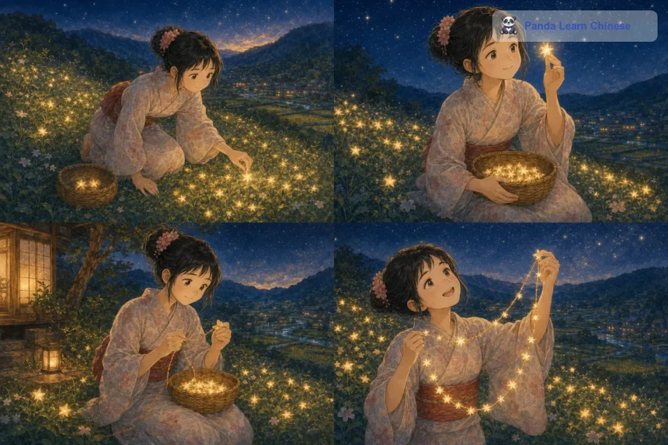 在梦里，她发现了一个神秘的小山坡，山坡上长满了闪闪发光的小星星，就像地上的野花一样多。美穗高兴极了，她小心翼翼地把星星一颗一颗地摘下来，用一根柔软的丝线把它们串起来，很快，一条美丽的星星项链就做成了。