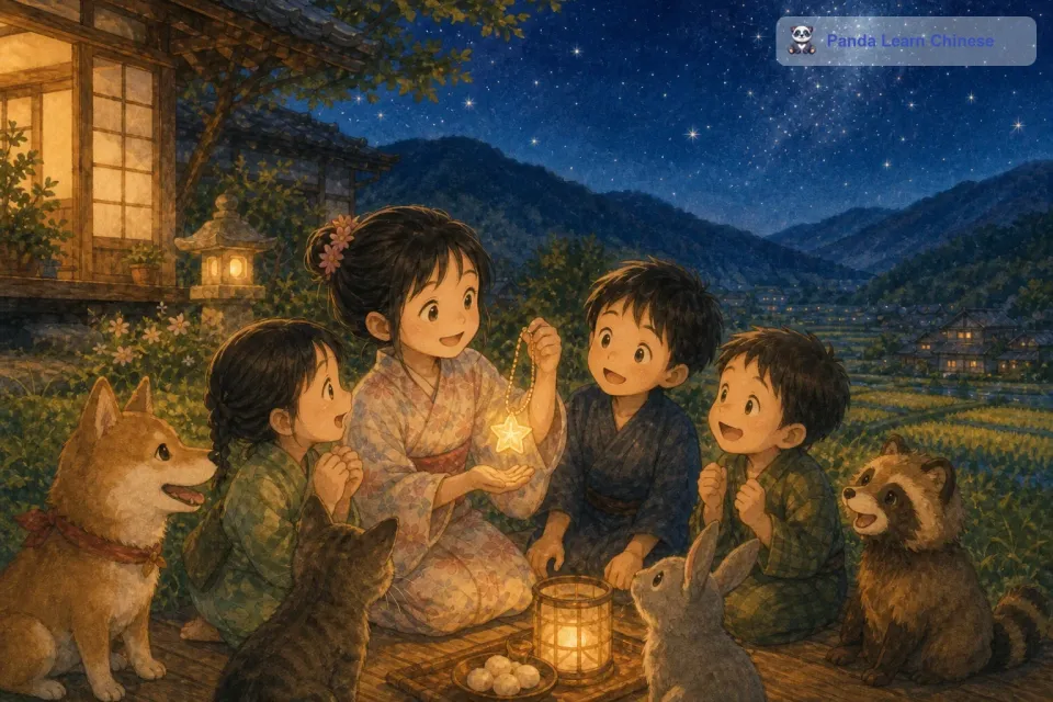 从那以后，美穗学会了分享。她发现，当她把星星项链和小伙伴们一起分享的时候，她收获的快乐比自己独自拥有星星项链时还要多。星星项链似乎也因为大家的喜爱而变得更加闪亮了。每到夜晚，美穗和小伙伴们都会一起坐在院子里，看着天空中的星星，而美穗脖子上的星星项链，也成为了大家友谊的象征。