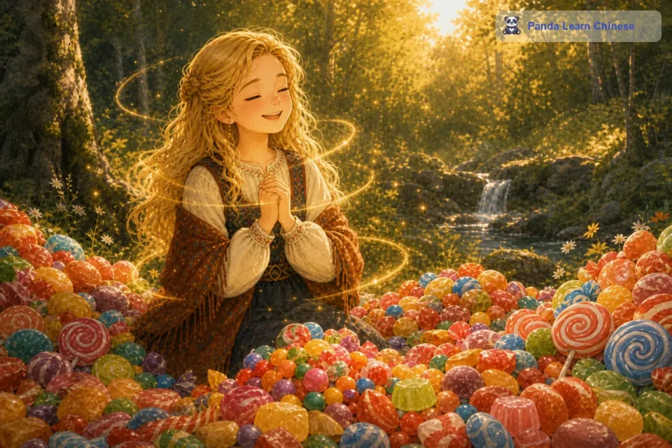 莉莉兴奋地想，这一定是一条能实现愿望的项链。她闭上眼睛，许了第一个愿望：希望能拥有吃不完的糖果。瞬间，她的面前就出现了一堆堆五颜六色的糖果，像小山一样高。