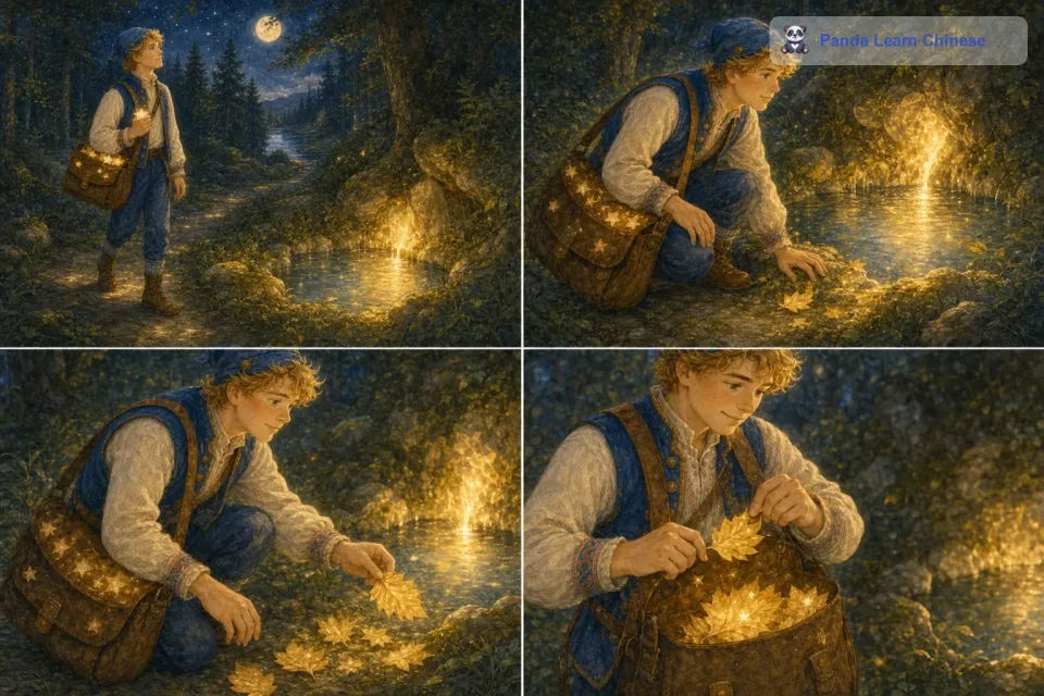 突然，小星看到前方有一团柔和的光芒。他加快脚步走过去，发现是一个小小的星之泉。星之泉的旁边有一片闪闪发光的叶子，叶子上写着星星的愿望。小星小心翼翼地把叶子拿起来，放进了邮包。