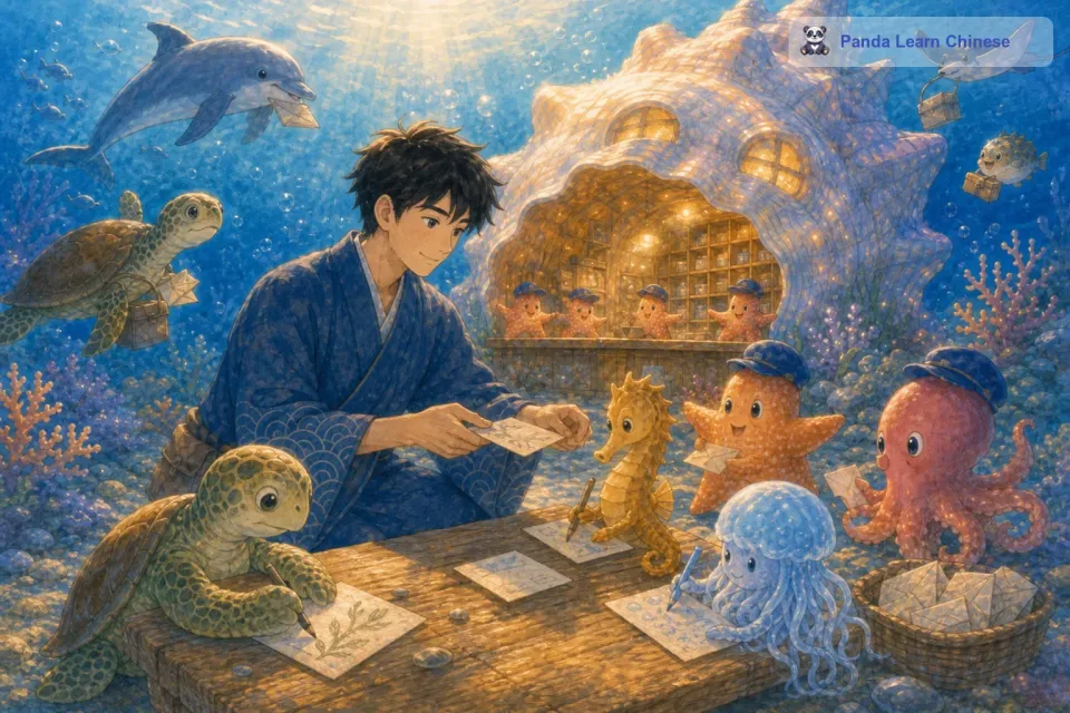 大海星告诉小动物们：“你们把自己的心愿写在明信片上，然后我们会把这些明信片送到合适的地方。小海龟、小海马和小水母都高兴地接过明信片，它们认真地写下了自己的心愿。小海龟用小石子当笔，在明信片上画出了海草的样子；小海马用珊瑚枝写出了漂亮的字；小水母则让自己的触须沾上彩色的海藻汁，在明信片上留下了独特的印记。