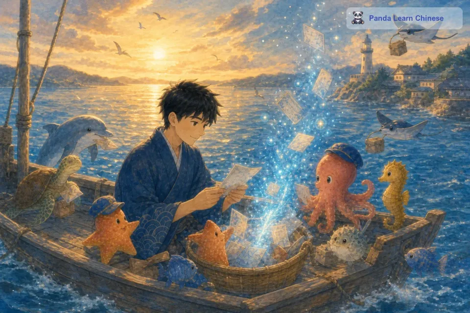 在海面上，一艘小渔船正在航行。船上的一个小男孩看到了那道蓝光，他好奇地把蓝光接住。蓝光变成了那些明信片，小男孩认真地看着明信片上的心愿。小男孩非常善良，他决定帮助这些海底的小动物们。