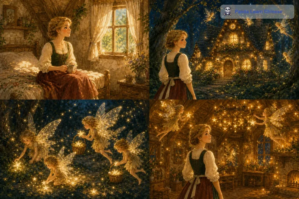 他们白天在小屋里休息，夜晚就会出来活动。星星精灵们最喜欢做的事情就是收集散落在人间的星光碎片，然后把这些碎片挂在小屋的各个角落，让小屋变得更加明亮。