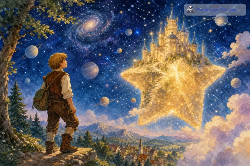 在遥远的宇宙深处，有一座神奇的星光城堡。这座城堡建在一颗巨大而闪耀的星星上，它来自德国古老的传说。传说中，只有最勇敢、最有好奇心的孩子才能找到它的踪迹。
