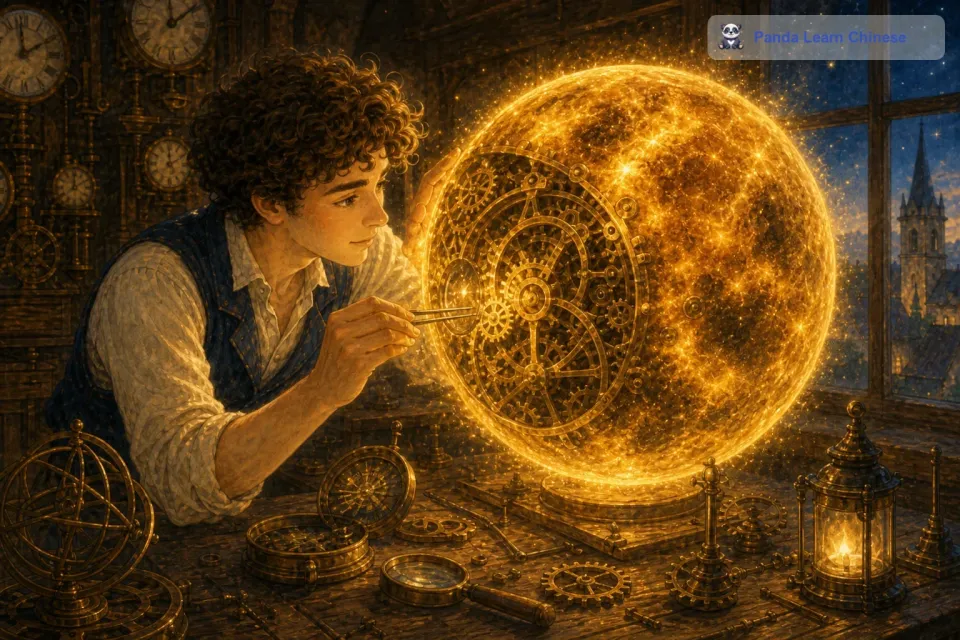 皮埃尔发现星星的内部有一个小齿轮卡住了，这个小齿轮控制着星星的光芒和运行轨迹。他小心翼翼地拿出一个小镊子，试图将齿轮调整回正确的位置。这是一个非常精细的工作，需要极大的耐心。