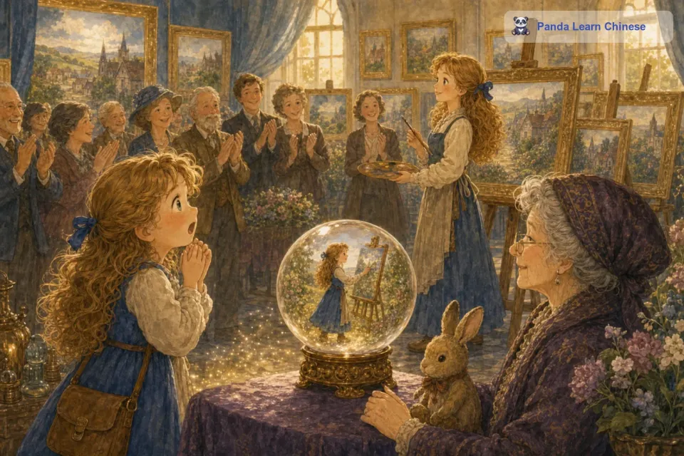 她还看到自己长大了，成为了一名画家，正在举办一场盛大的画展，人们都在欣赏她的画作并给予她热烈的掌声。莉莉惊讶又兴奋，她觉得这个水晶球有着神奇的魔力，能够预见美好的未来。