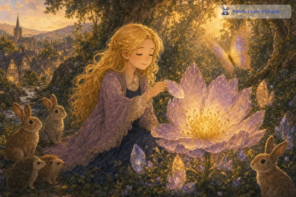 露西走到花前，轻轻地摘下了一片花瓣。她闭上眼睛，心中默默许下了一个愿望：希望小镇永远和平幸福，希望小动物们都能健康快乐。