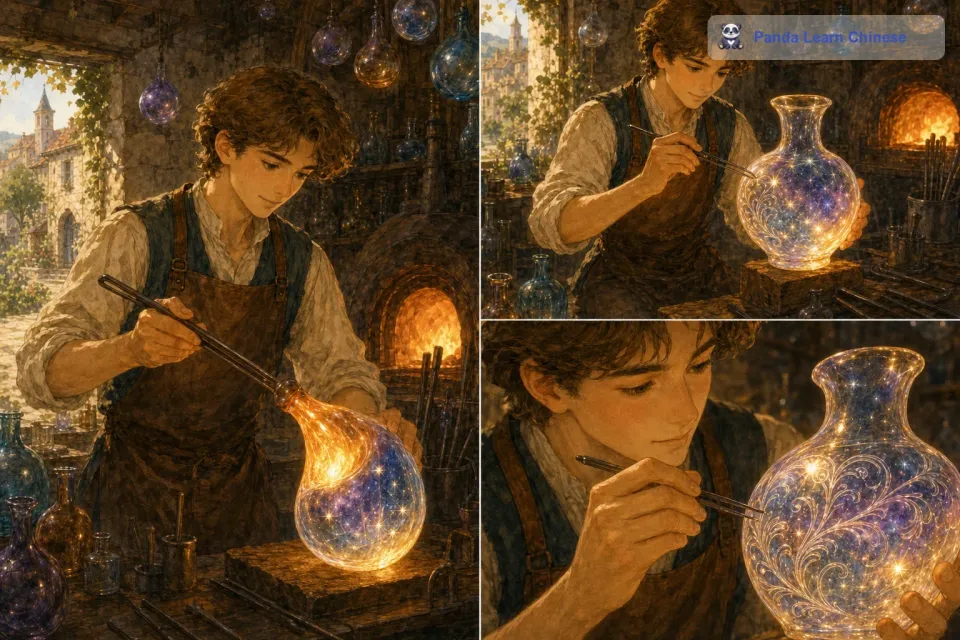 在熔炉的高温下，星光与玻璃完美地融合在一起。玻璃开始散发出迷人的光芒，那光芒如同夜空中最亮的星。皮埃尔用他精湛的技艺，将玻璃塑造成一个美丽的花瓶形状。他在花瓶上刻画出精致的花纹，每一道花纹都像是星光的轨迹。
