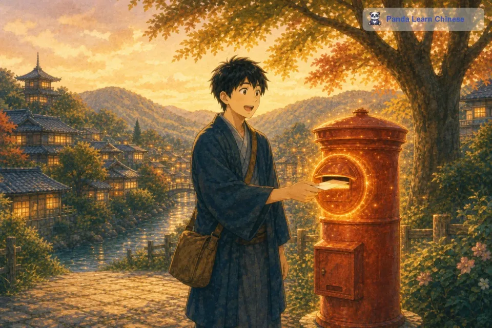 当信纸滑进邮筒的那一刻，邮筒发出了一阵轻柔的嗡嗡声，就像在回应惠子的心愿。惠子惊讶地瞪大了眼睛，然后开心地笑了起来。