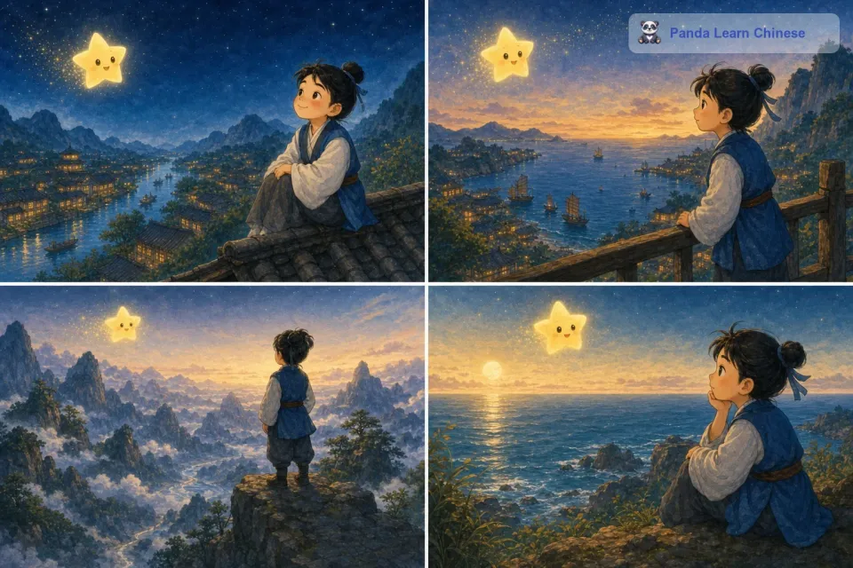 小星星望着地球，它看到地球上有很多美丽的灯光，那些灯光像星星一样闪烁着。它还看到了高大的山脉、广阔的海洋，它对地球充满了好奇。它想知道那些灯光背后有着什么样的故事，那些住在地球上的人们都在做些什么。