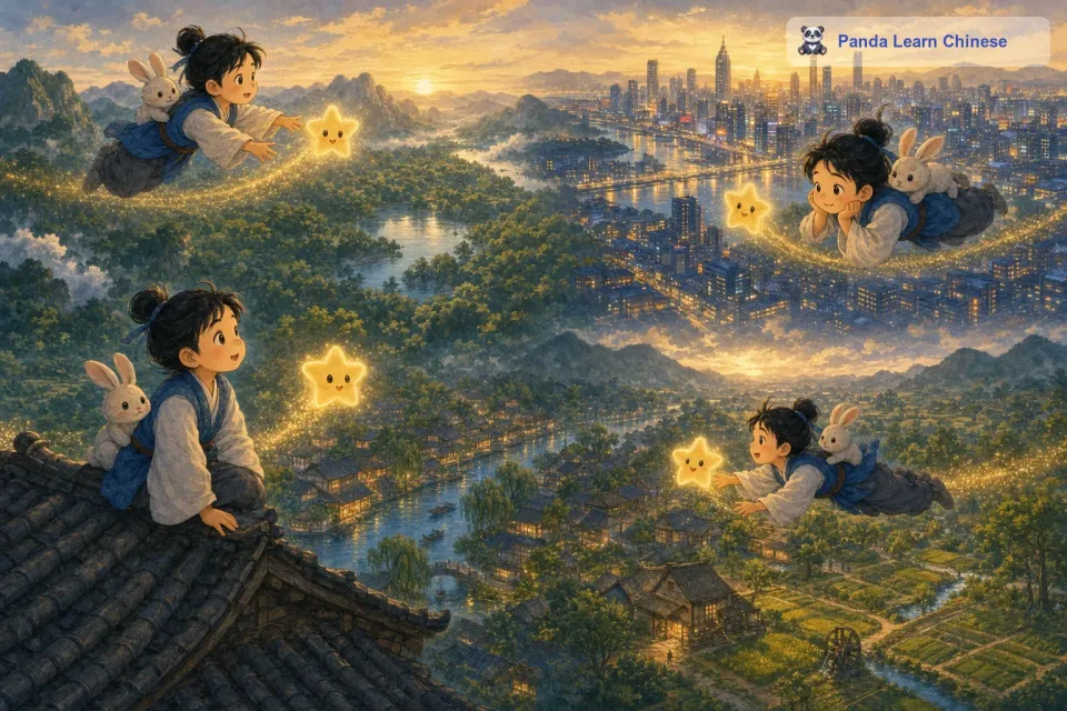 小星星来到了地球的上方，它看到了大片的森林、繁华的城市和宁静的村庄。它被地球的美丽所震撼，它发现地球上的每一个角落都充满了生命的气息。