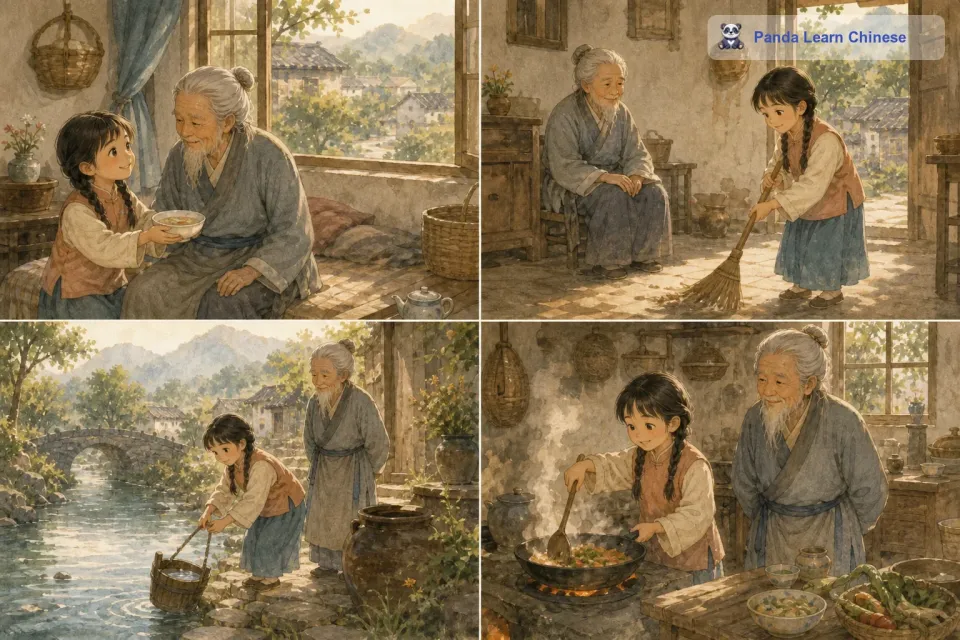 村子里有一位孤寡的老奶奶，身体不太好，生活也有很多不便。小花经常去老奶奶家，帮她打扫屋子、打水、做饭。