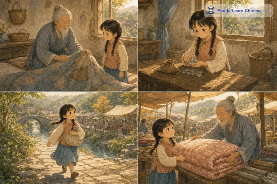 有一天，小花发现老奶奶的棉被破了，她就回家把自己积攒很久准备买新裙子的钱拿了出来。然后跑到镇上的集市，买了一床厚厚的棉被。