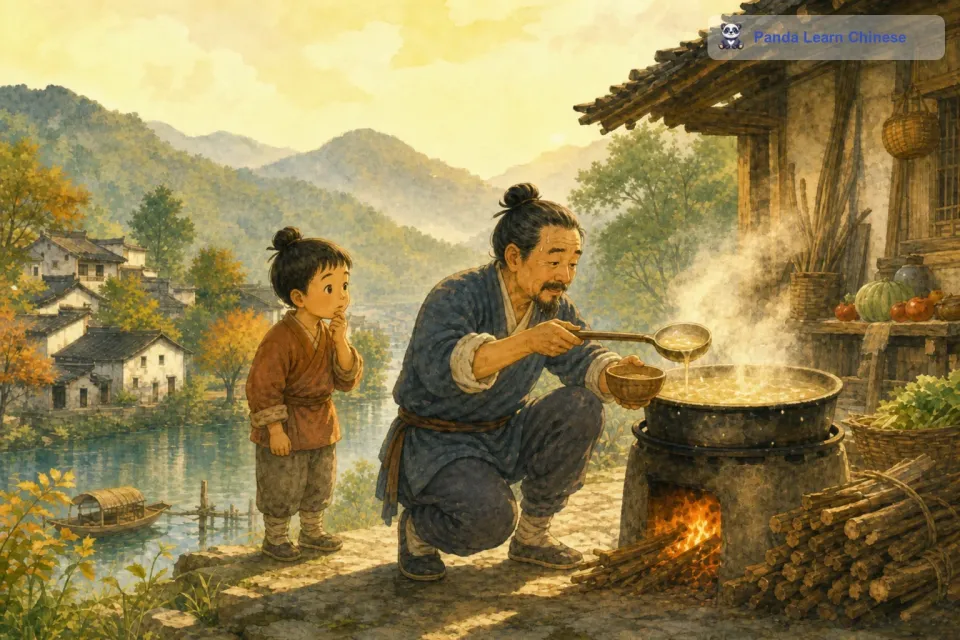 老伯伯累得满头大汗，却还是不肯停下来，他觉得只要自己继续舀汤，就一定能让汤不再沸腾得那么厉害。旁边的一个小孩子看到老伯伯这样做，觉得很奇怪。