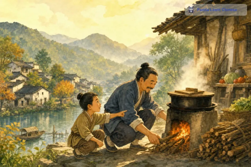 小孩子对老伯伯说：“伯伯，您这样做是没有用的呀。您看，下面的柴火还烧得那么旺，您只是把表面的汤舀来舀去，这就像是在阻止水沸腾，却没有从根本上解决问题呢。您应该把柴火抽掉一些，这样火小了，汤自然就不会沸腾得这么厉害了。老伯伯听了小孩子的话，这才恍然大悟。