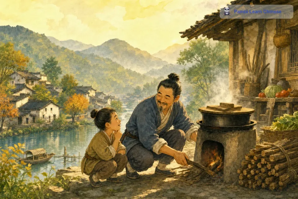 老伯伯赶紧把灶里的一些柴火撤了出来，火势慢慢地变小了，锅里的汤也不再疯狂地沸腾了。老伯伯看着锅里的汤，又看看身边聪明的小孩子，笑着说：“孩子啊，你可真聪明。伯伯只想着让汤暂时不沸腾，却没有想到从根源上去解决问题。