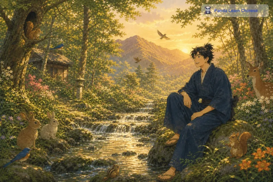 森林里又充满了欢声笑语，小动物们在这里重新建立了家园。小溪看着这一切，开心地笑了，它的歌声依旧在森林里回荡，守护着这片充满生机的森林。