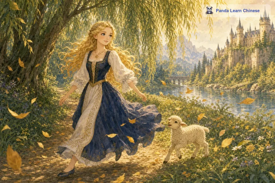 于是，阳光公主带着小羊在森林里穿梭。她凭借着对森林的熟悉，沿着蜿蜒的小路前行。路上的落叶被风吹起，在空中打着旋儿。阳光公主的裙子在风中飘动，就像一只美丽的蝴蝶。终于，公主带着小羊找到了它的家，小羊的妈妈看到小羊回来，高兴地用头蹭着小羊，还感激地看着阳光公主。