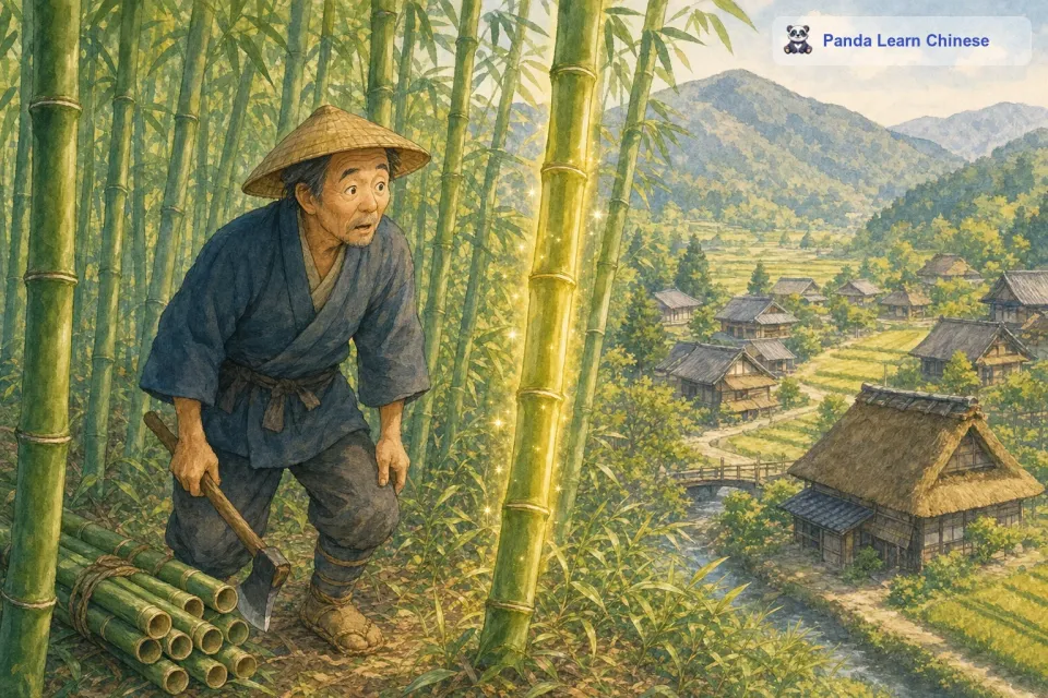 很久很久以前，在日本的一个小村庄里，有一位善良但贫穷的老樵夫。他每天都会到村子附近的竹林里砍竹子。有一天，当他像往常一样砍竹子的时候，他发现一根闪闪发光的竹子。