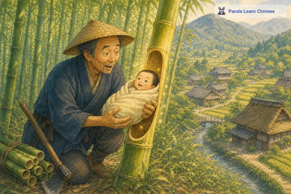 老樵夫好奇地靠近那根竹子，发现竹子里有一个小小的婴儿。这个婴儿长得非常可爱，老樵夫高兴极了，他觉得这是上天赐给他的礼物，于是他决定把这个婴儿带回家抚养。他给这个婴儿取名为辉夜姬。