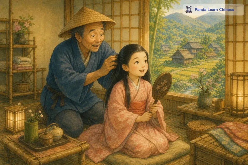 辉夜姬在老樵夫的细心照料下慢慢长大了。她出落得越来越美丽，而且聪明伶俐。她住在老樵夫为她精心布置的房间里，房间里充满了温馨的气息。