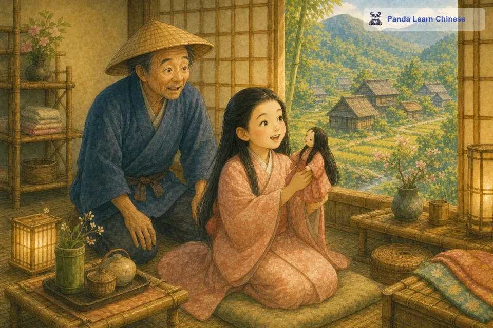 辉夜姬最喜欢在房间里玩耍，她会和老樵夫给她做的布娃娃说话，仿佛布娃娃是她最亲密的伙伴。她的笑容如同阳光一样照亮了整个房间，老樵夫看着她，心中充满了欣慰和爱意。