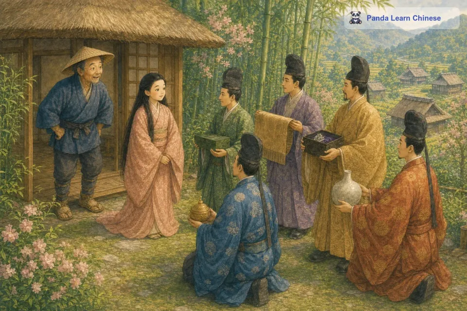 随着辉夜姬的长大，她的美貌传遍了整个国家。许多贵族和有钱人都听说了她的美丽，纷纷前来求婚。其中有五个特别有名望的求婚者，他们分别带着自己认为最珍贵的礼物来向辉夜姬求婚。他们在老樵夫家的花园里等待着辉夜姬的答复。辉夜姬平静地面对这五个求婚者，她并不轻易被那些珍贵的礼物所打动，因为她有着自己的想法和判断。