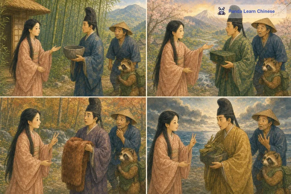 辉夜姬开始一个一个地拒绝这些求婚者。她用智慧给每个求婚者出了一个几乎不可能完成的任务。第一个求婚者要去寻找佛祖用的石钵，第二个求婚者要去取蓬莱山的玉枝，第三个求婚者要取火鼠皮裘，第四个求婚者要取龙首上的五色珠宝，第五个求婚者要取燕子的安产贝。求婚者们虽然一开始都信心满满，但最后都无法完成任务。辉夜姬坚定地拒绝了他们，她的脸上带着一种决绝的神情，虽然她的眼中也有一丝不忍，但她知道自己的选择。