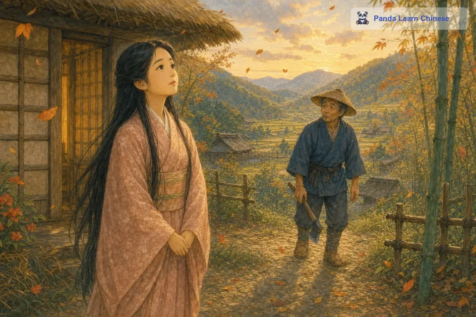 在拒绝了求婚者之后，辉夜姬常常一个人静静地站在院子里，仰望着天空。她的眼神里透露出一种淡淡的忧郁。她似乎在思念着什么，又好像在等待着什么。秋风轻轻吹过，树叶在她身边飘落，就像她那有些惆怅的心情。老樵夫看着辉夜姬这样，心中有些担忧，但他不知道辉夜姬内心深处的秘密。
