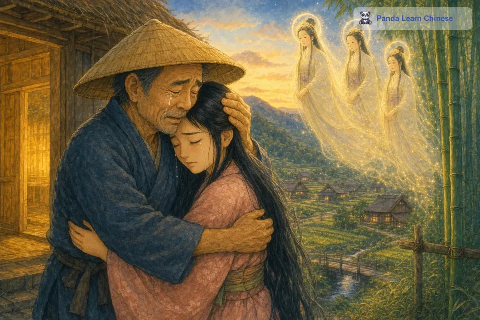 辉夜姬知道自己必须要走了，但她舍不得老樵夫。她和老樵夫紧紧相拥，两人都泪流满面。老樵夫像往常一样抚摸着辉夜姬的头发，他的声音哽咽着，告诉辉夜姬他会永远想念她。辉夜姬也告诉老樵夫，她会一直记得他的养育之恩，这个充满了爱的人间让她感到无比温暖。