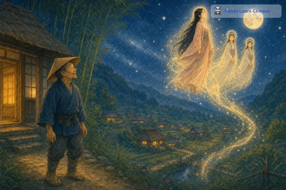 最后，辉夜姬在月球使者的陪伴下，踏上了返回月球的旅程。她的身影在月光的照耀下缓缓升起，她的脸上带着一种平静的表情。周围的星星闪烁着，仿佛在为她送行。老樵夫站在院子里，一直望着辉夜姬直到她消失在天空中。从此以后，辉夜姬的故事就在这个小村庄里流传了下来，成为了人们口中最美丽的传说。