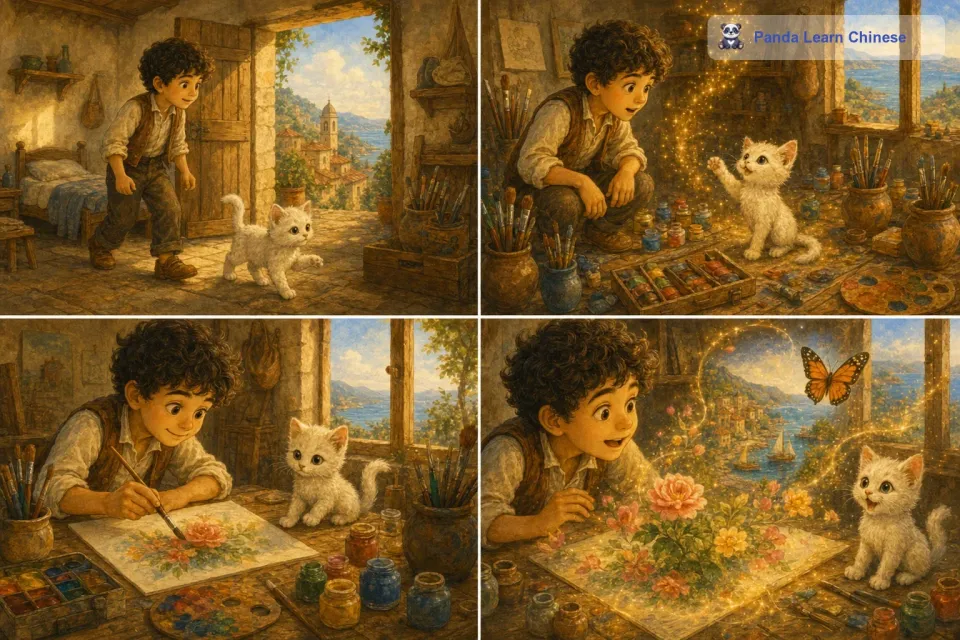 小猫带着托尼来到了他简陋的房间里，小猫挥动着它的小爪子，房间里瞬间出现了各种各样的画笔和颜料。托尼兴奋地拿起画笔，开始在纸上画画。他发现自己画的每一笔都充满了生命力，他画出的花朵仿佛能散发出香气，画出的小鸟就像要从纸上飞出来一样。托尼高兴极了，他更加努力地画着，小猫则在一旁静静地看着，时不时地给出一些建议。