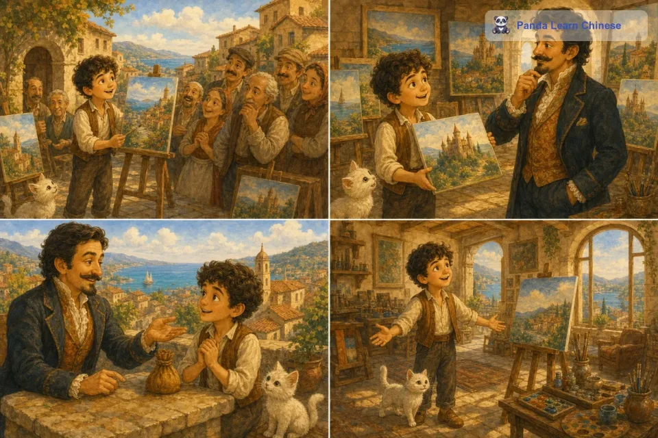在小猫的帮助下，托尼的画技越来越好。他的画被越来越多的人看到，大家都惊叹于他的才华。有一位富有的商人看到了托尼的画，非常喜欢，他决定资助托尼去学习绘画，还给他提供了一个宽敞的工作室。