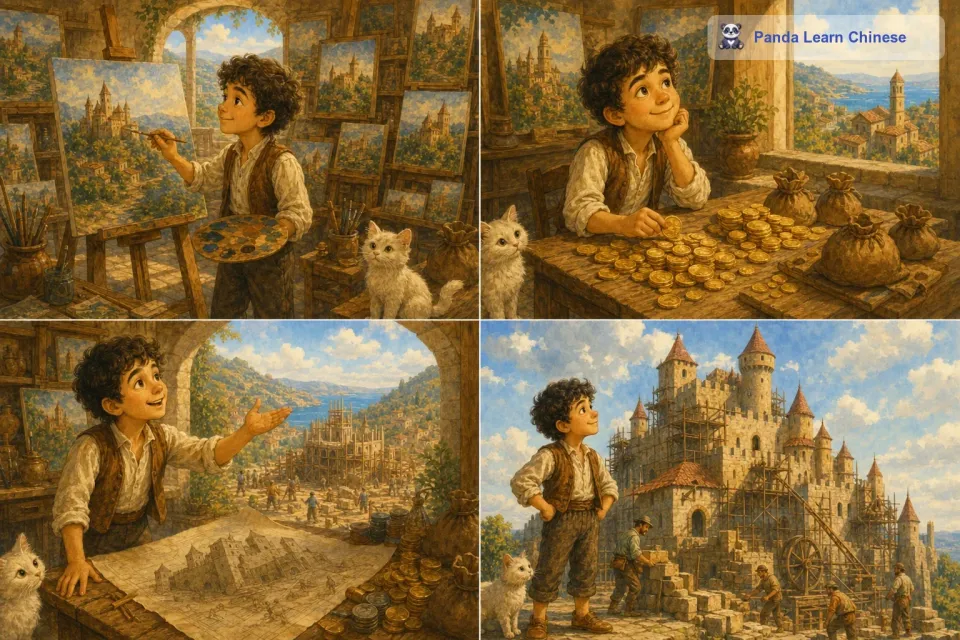 托尼在工作室里尽情地创作，他画出了一幅又一幅美丽的作品。随着他的名气越来越大，他赚到了很多钱。托尼没有忘记自己的另一个梦想，他用自己的钱开始建造一座城堡。