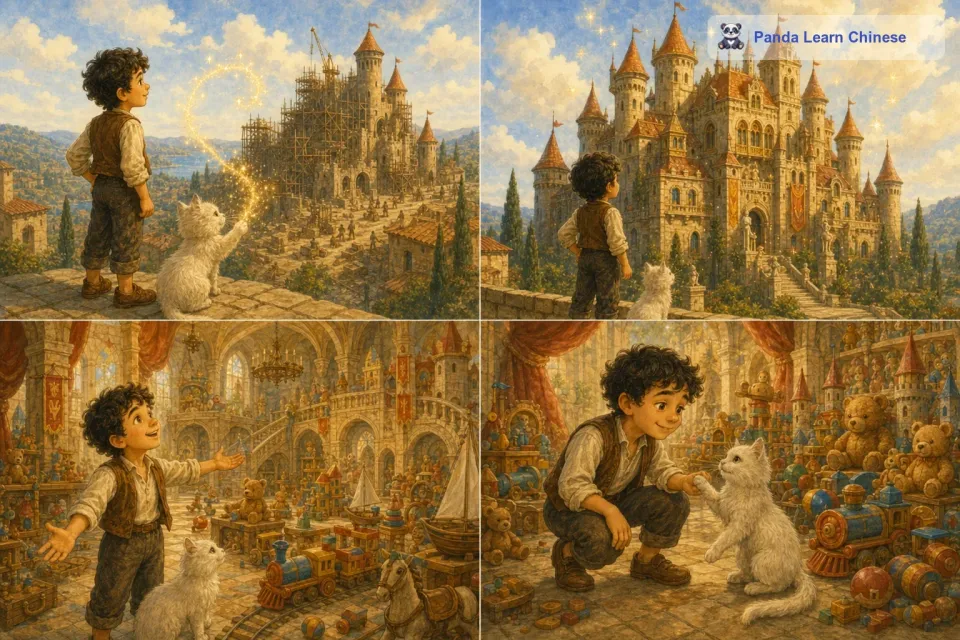 小猫再次施展魔法，城堡很快就建成了。这座城堡就像托尼想象中的一样，高大而华丽，里面装满了各种各样的玩具。